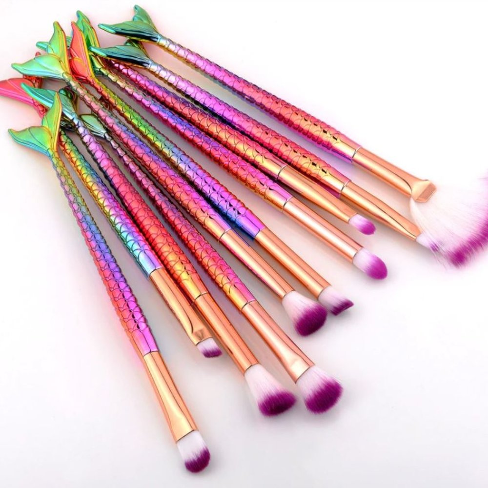 10 Piece Diamond Mermaid Make Up Brush Set Rainbow - Picture 3 of 6